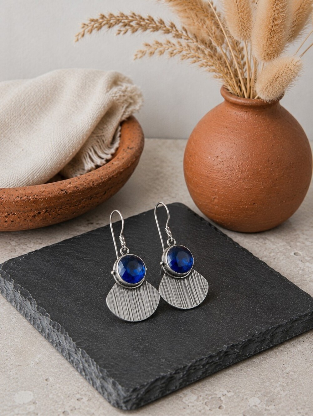 Silver Drop Earrings Blue Crystal 925 Sterling Textured Fan Artisan Boho 1.8" - Picture 8 of 17